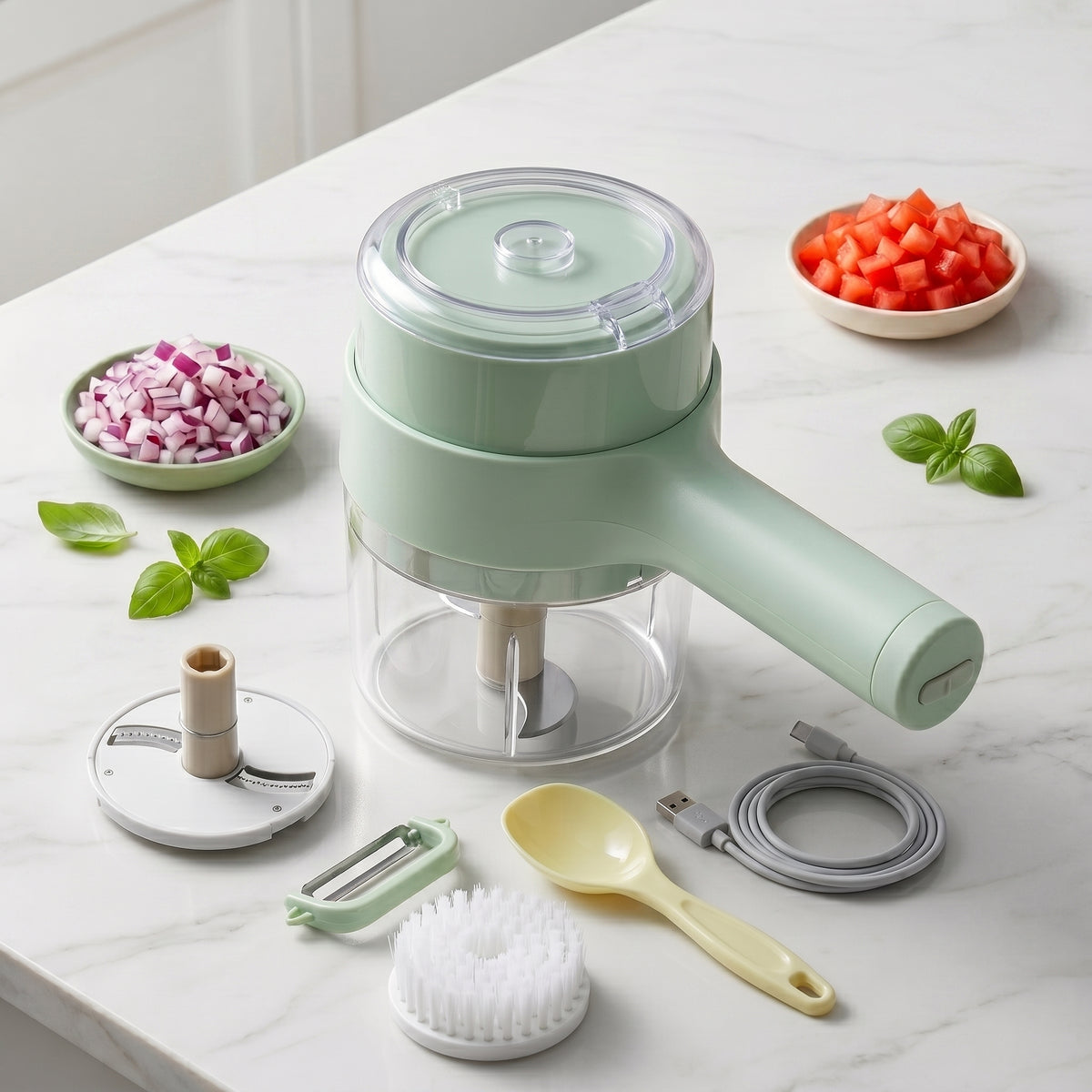 Cortador de verduras eléctrico ChopGo con verduras troceadas alrededor sobre una encimera