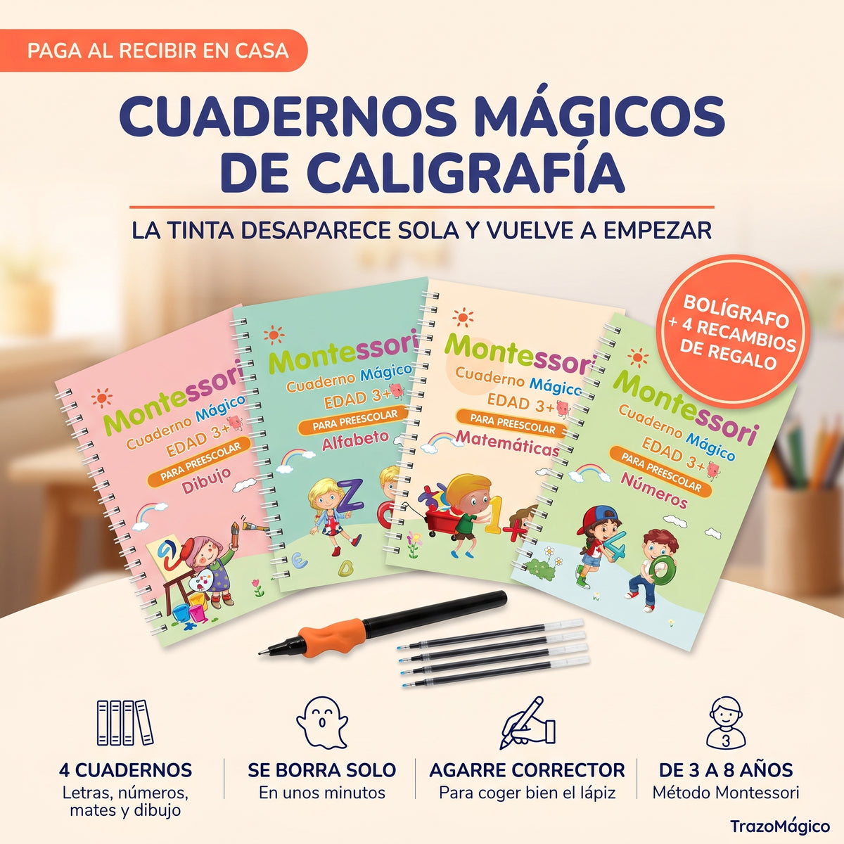 Cuadernos mágicos de caligrafía TrazoMágico, la tinta desaparece sola y vuelve a empezar, set de 4 cuadernos