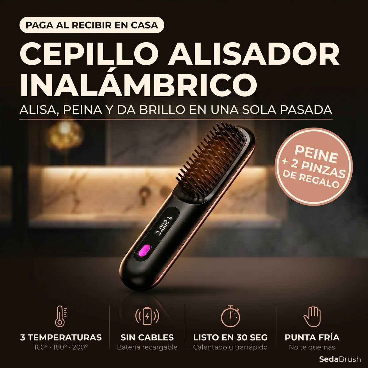 Cepillo alisador inalámbrico SedaBrush, alisa peina y da brillo en una sola pasada, con regalos incluidos