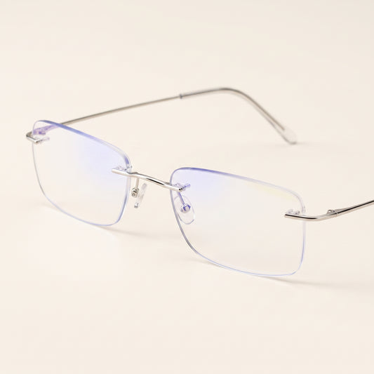 Gafas de lectura multifocales LeeClaro sin montura, patillas metálicas plateadas y lentes con reflejo azulado antirreflejante