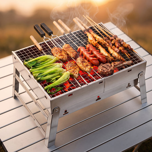 Barbacoa portátil plegable GrillGo con brochetas de verduras y carne asándose al aire libre