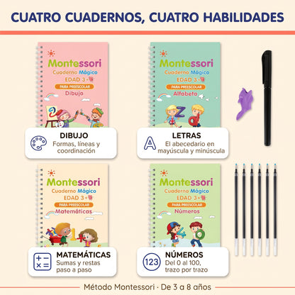 Cuadernos mágicos de caligrafía TrazoMágico, infografía cuatro cuadernos cuatro habilidades