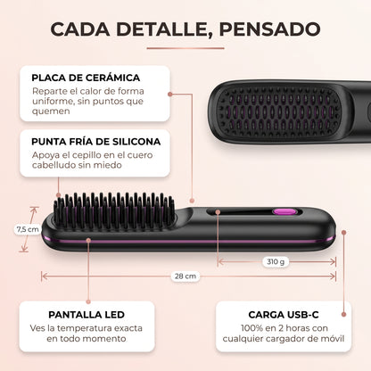 Cepillo alisador inalámbrico SedaBrush, infografía cada detalle pensado