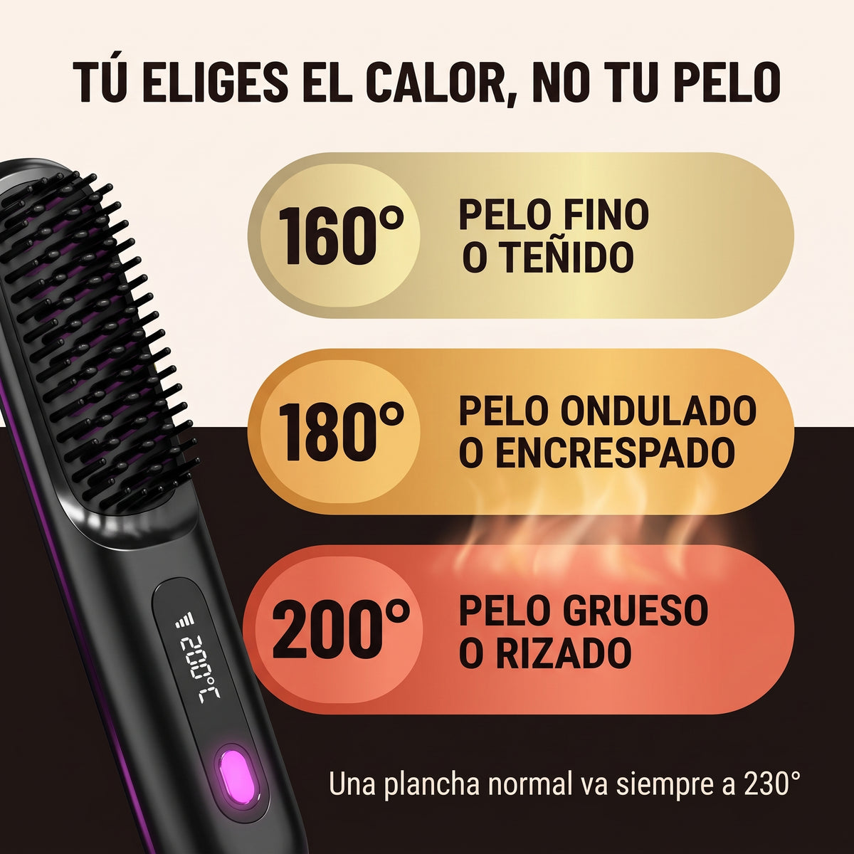 Cepillo alisador inalámbrico SedaBrush, infografía de las 3 temperaturas disponibles