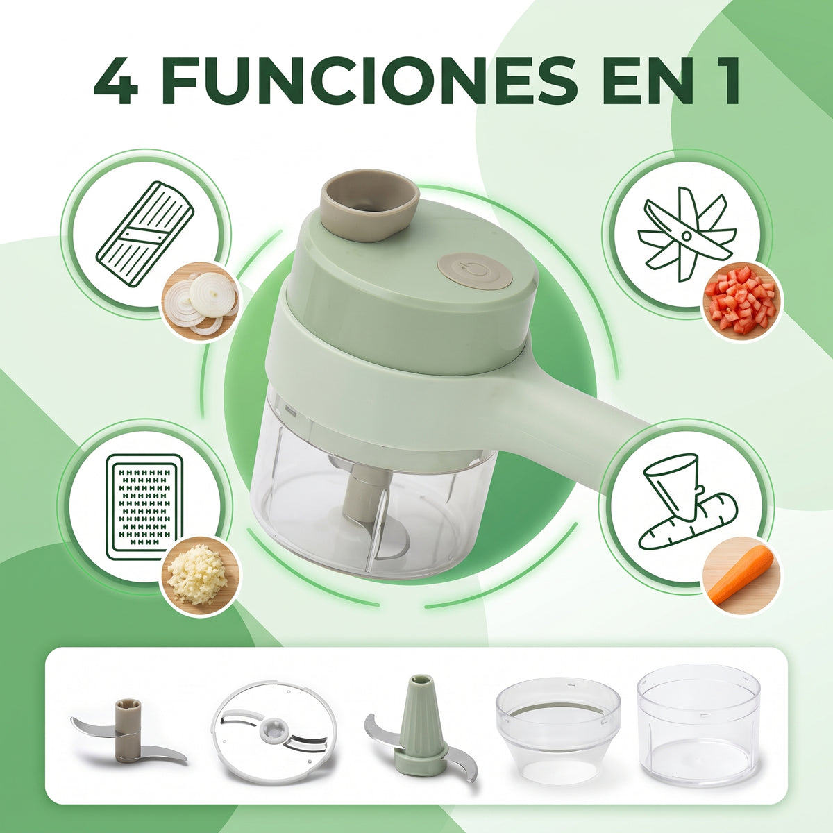 Cortador de verduras eléctrico ChopGo, infografía de sus 4 funciones en 1