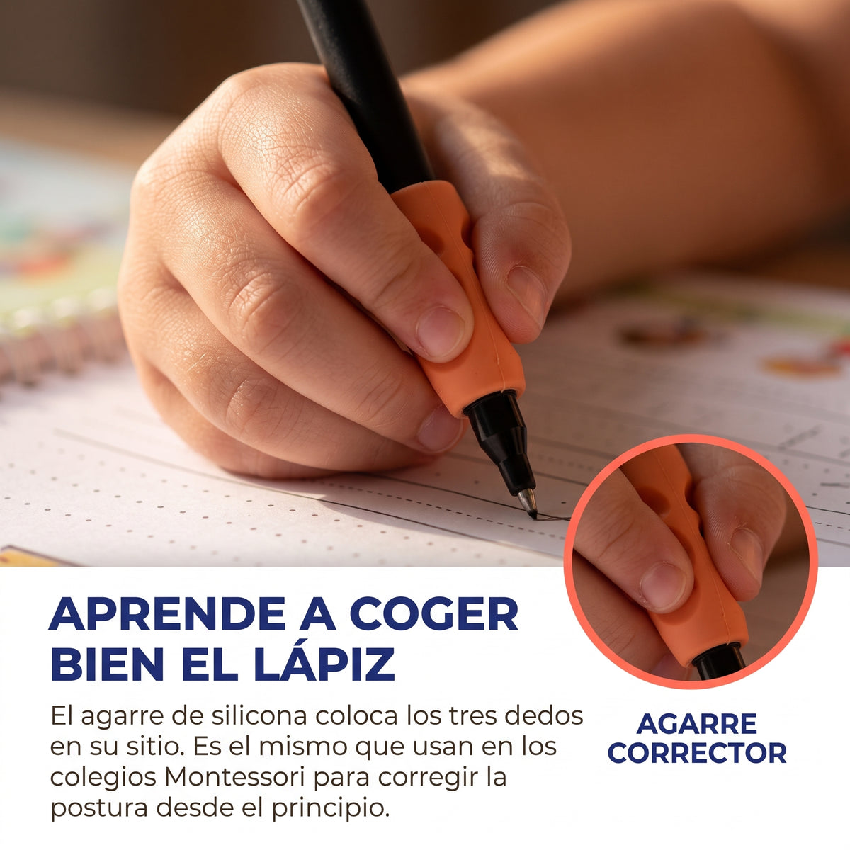 Niño aprendiendo a coger bien el lápiz con los cuadernos mágicos de caligrafía TrazoMágico