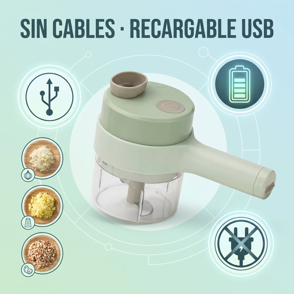 Cortador de verduras eléctrico ChopGo, infografía sin cables y recargable por USB