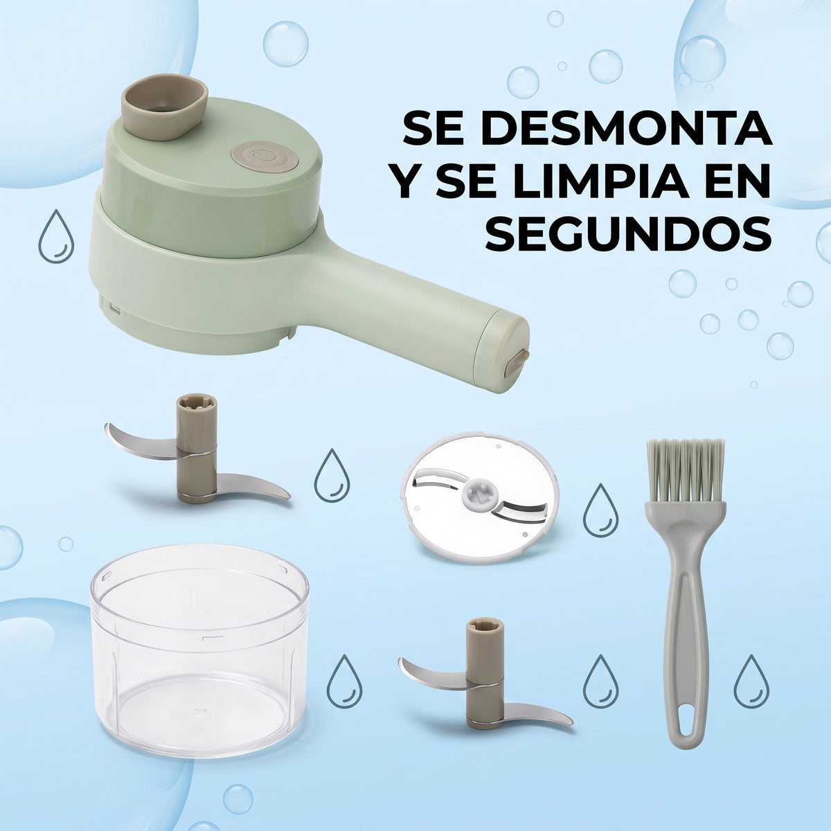 Cortador de verduras eléctrico ChopGo, infografía se desmonta y se limpia en segundos