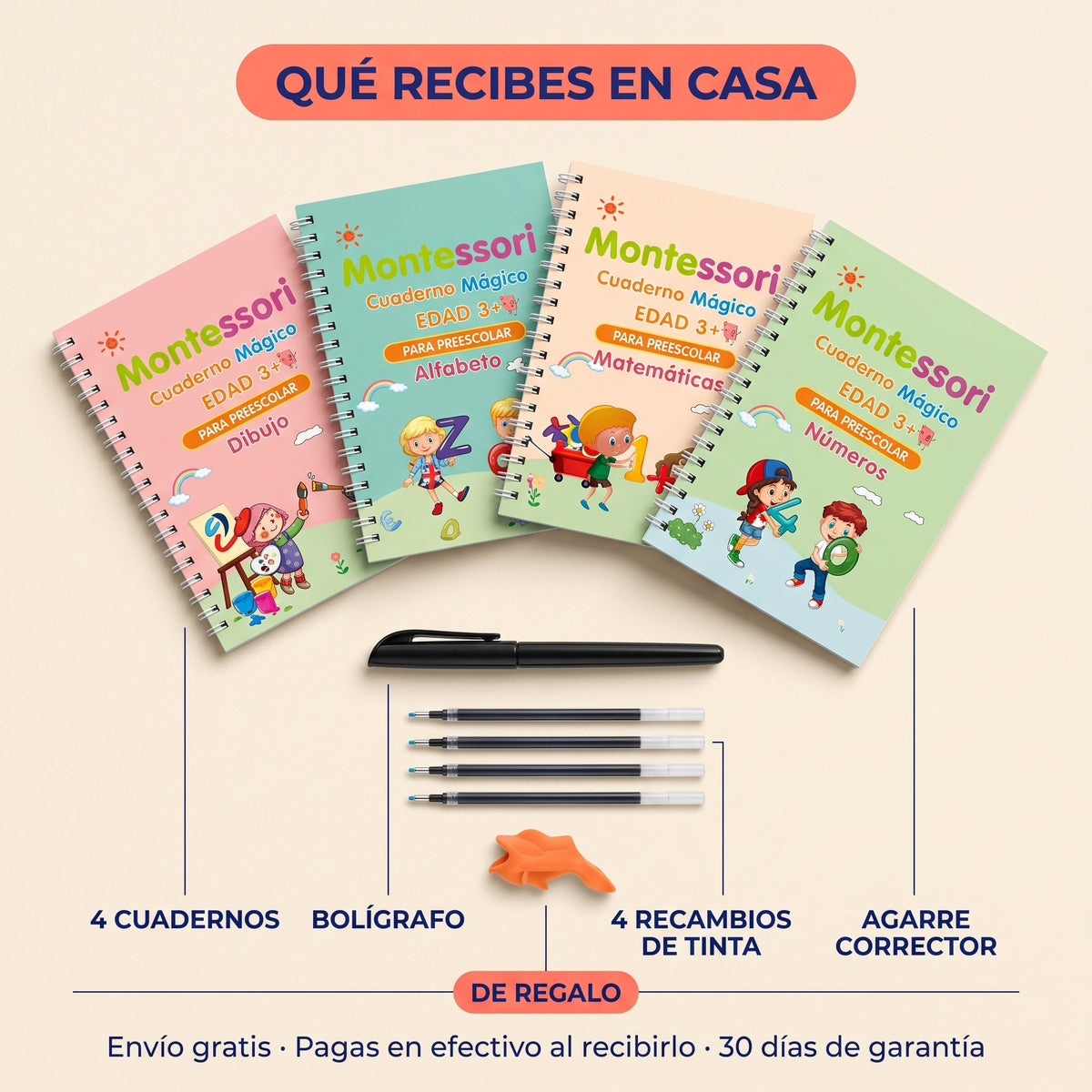 Cuadernos mágicos de caligrafía TrazoMágico, infografía de qué incluye cada caja