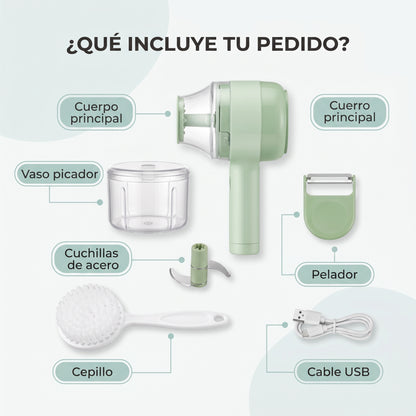 Cortador de verduras eléctrico ChopGo, infografía de qué incluye el pedido