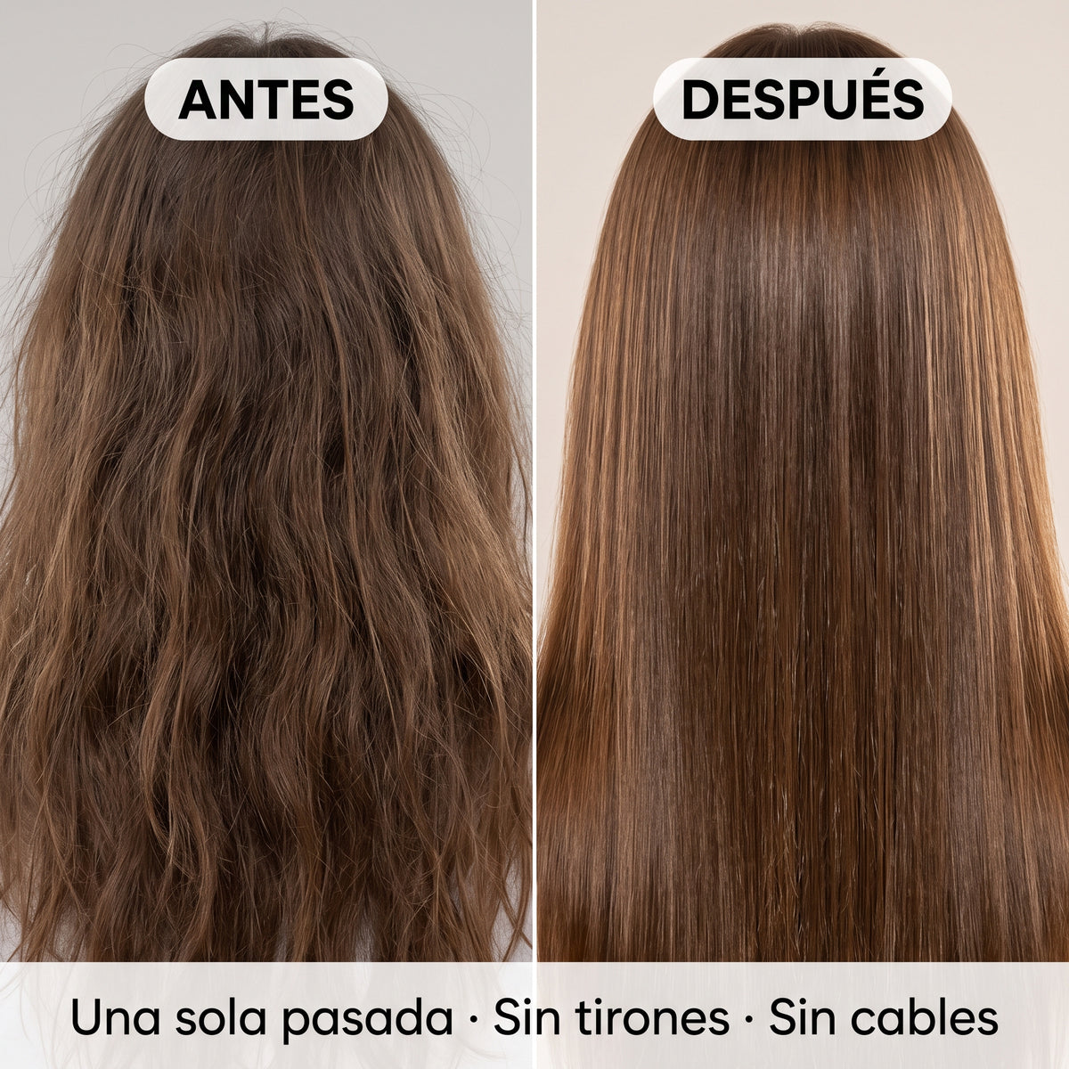 Cepillo alisador inalámbrico SedaBrush, foto de cabello antes y después del alisado