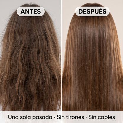 Cepillo alisador inalámbrico SedaBrush, foto de cabello antes y después del alisado