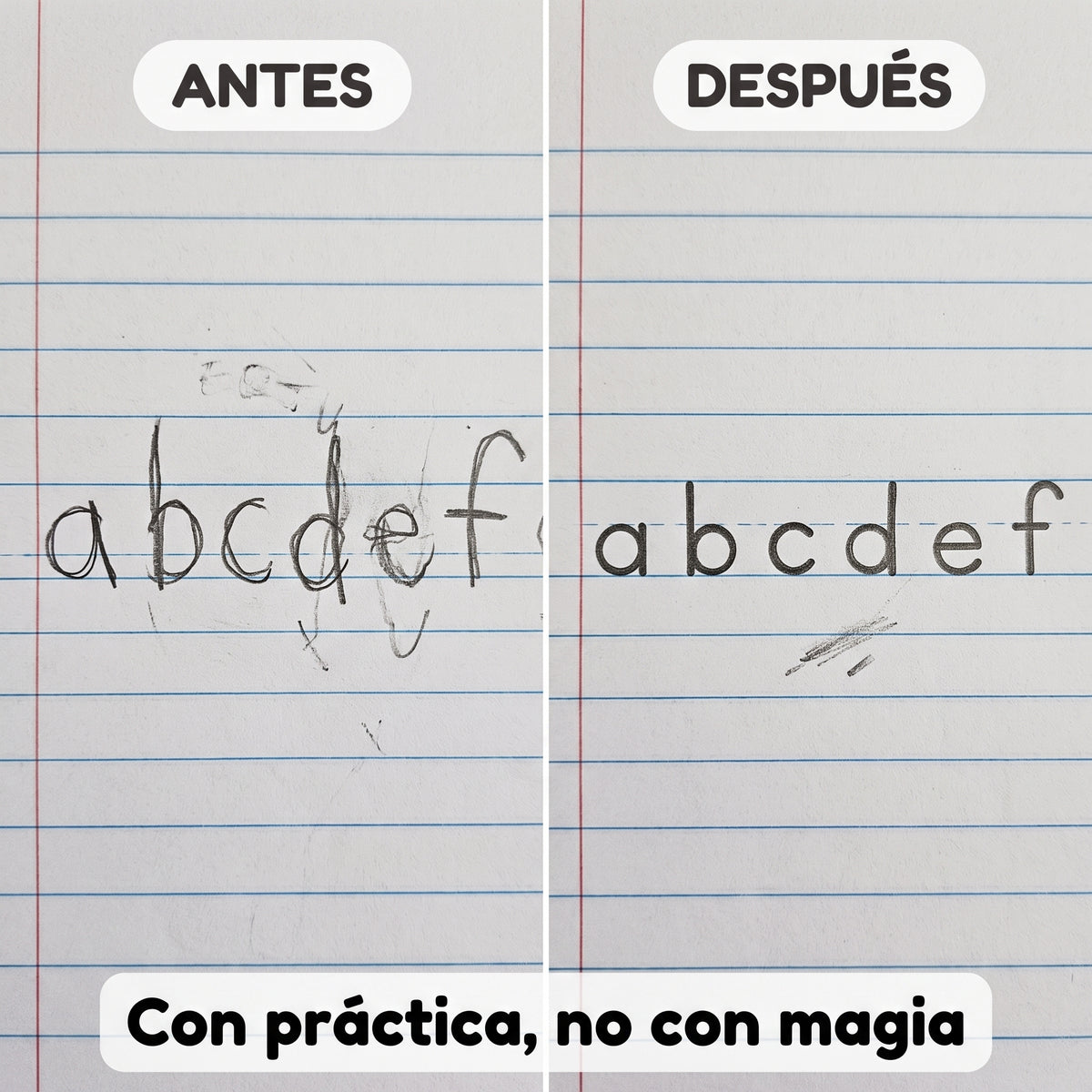 Cuadernos mágicos de caligrafía TrazoMágico, comparación de la letra antes y después de practicar