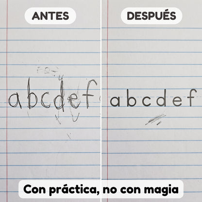 Cuadernos mágicos de caligrafía TrazoMágico, comparación de la letra antes y después de practicar