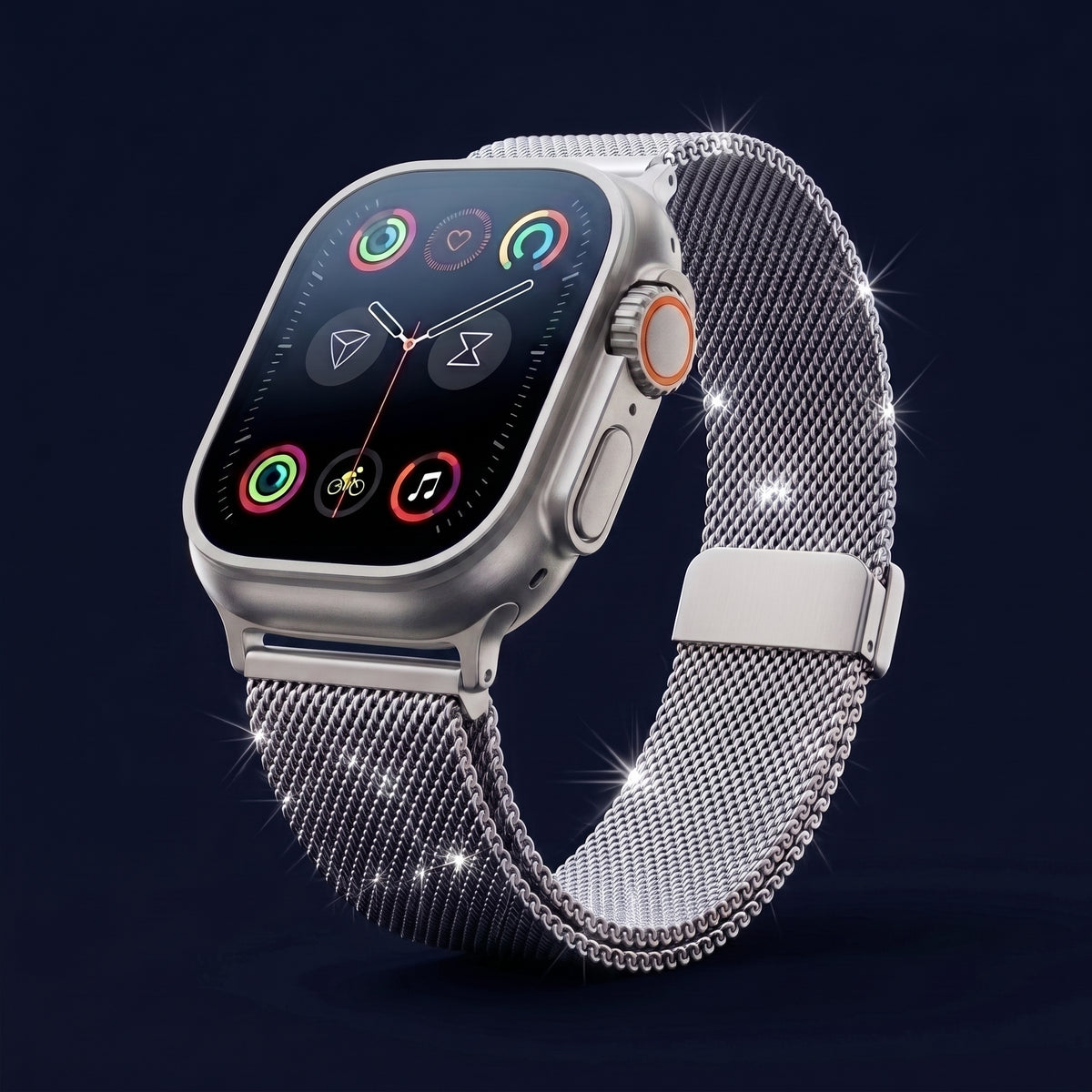 Smartwatch con correa metálica plateada tipo malla milanesa