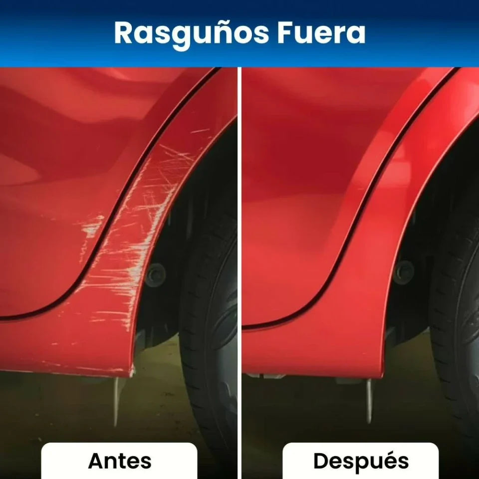 Spray reparador de arañazos CarNano, foto antes y después en un panel de coche rojo