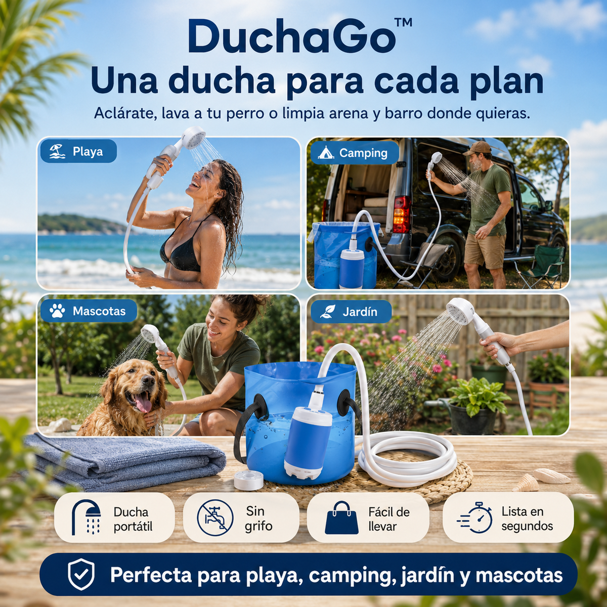 Ducha portátil premium DuchaGo, infografía una ducha para cada plan: camper, playa y camping