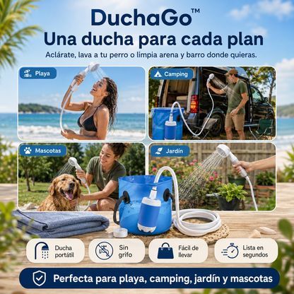 Ducha portátil premium DuchaGo, infografía una ducha para cada plan: camper, playa y camping