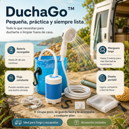Ducha portátil premium DuchaGo, infografía pequeña portátil y potente