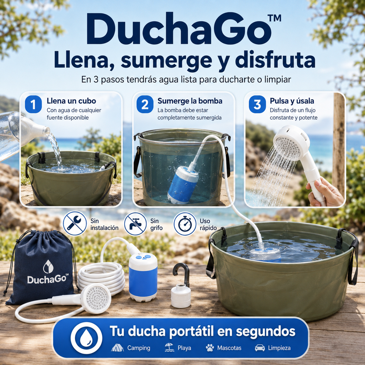 Ducha portátil premium DuchaGo, infografía de los pasos de uso: llena, sumerge y disfruta
