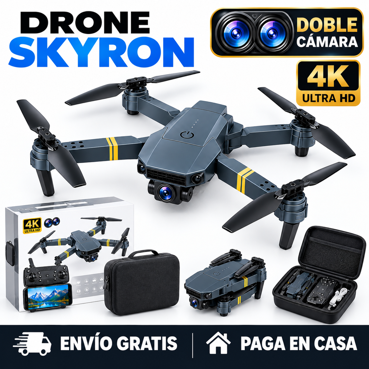 Dron con doble cámara 4K + Maletín Gratis + Batería Extra