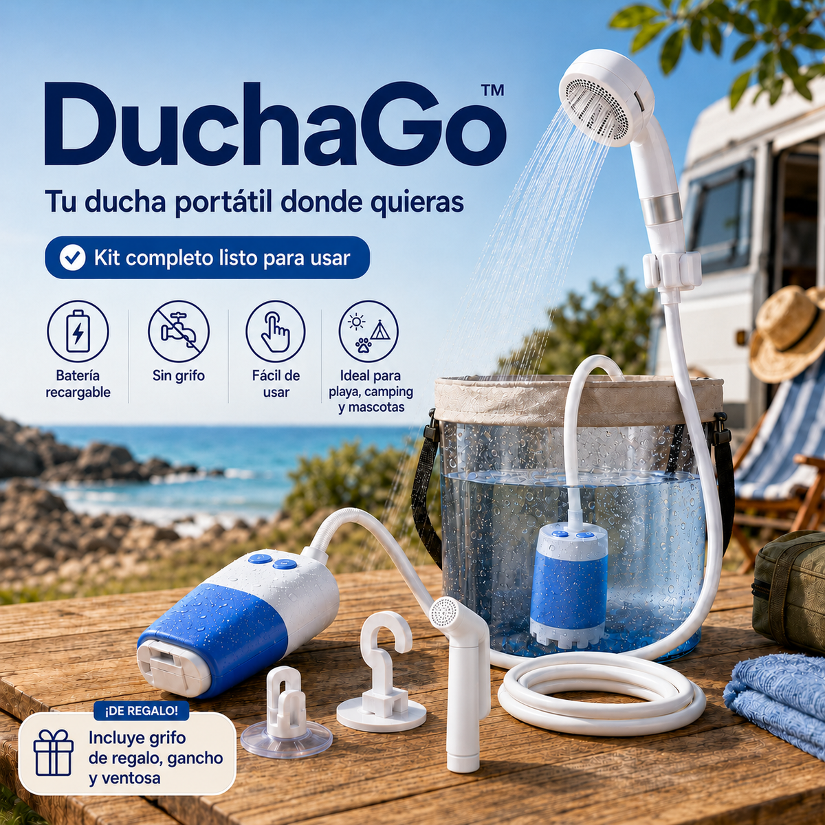Ducha portátil premium DuchaGo, kit completo listo para usar en la playa