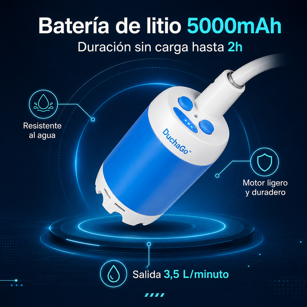 Ducha portátil premium DuchaGo, detalle de la batería de litio de 5000mAh