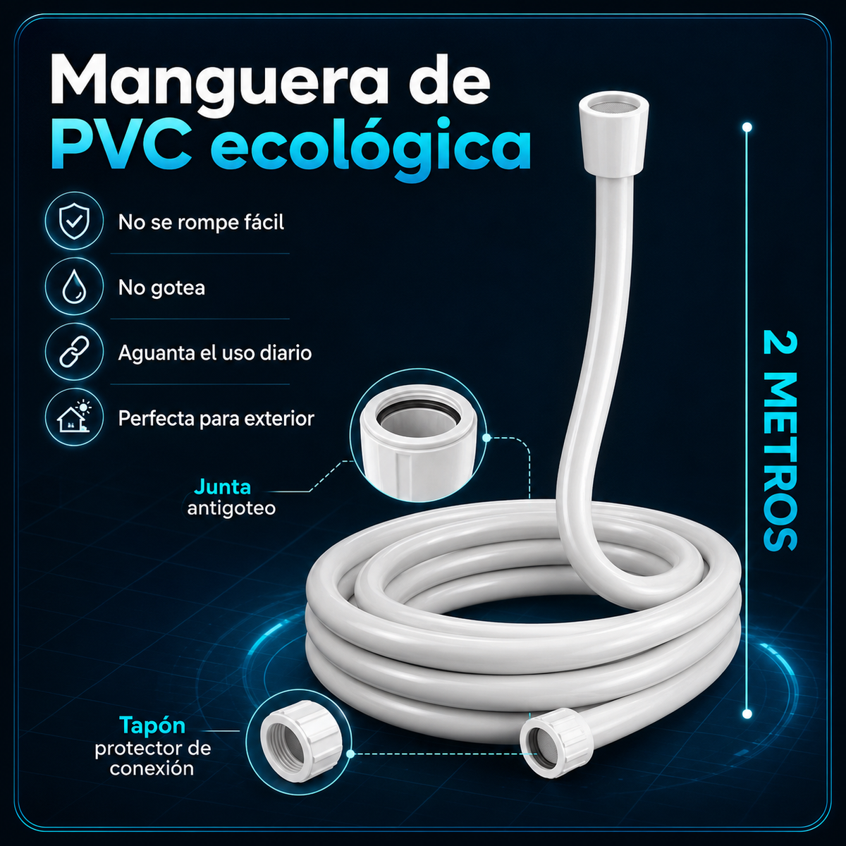 Ducha portátil premium DuchaGo, detalle de la manguera de PVC ecológico