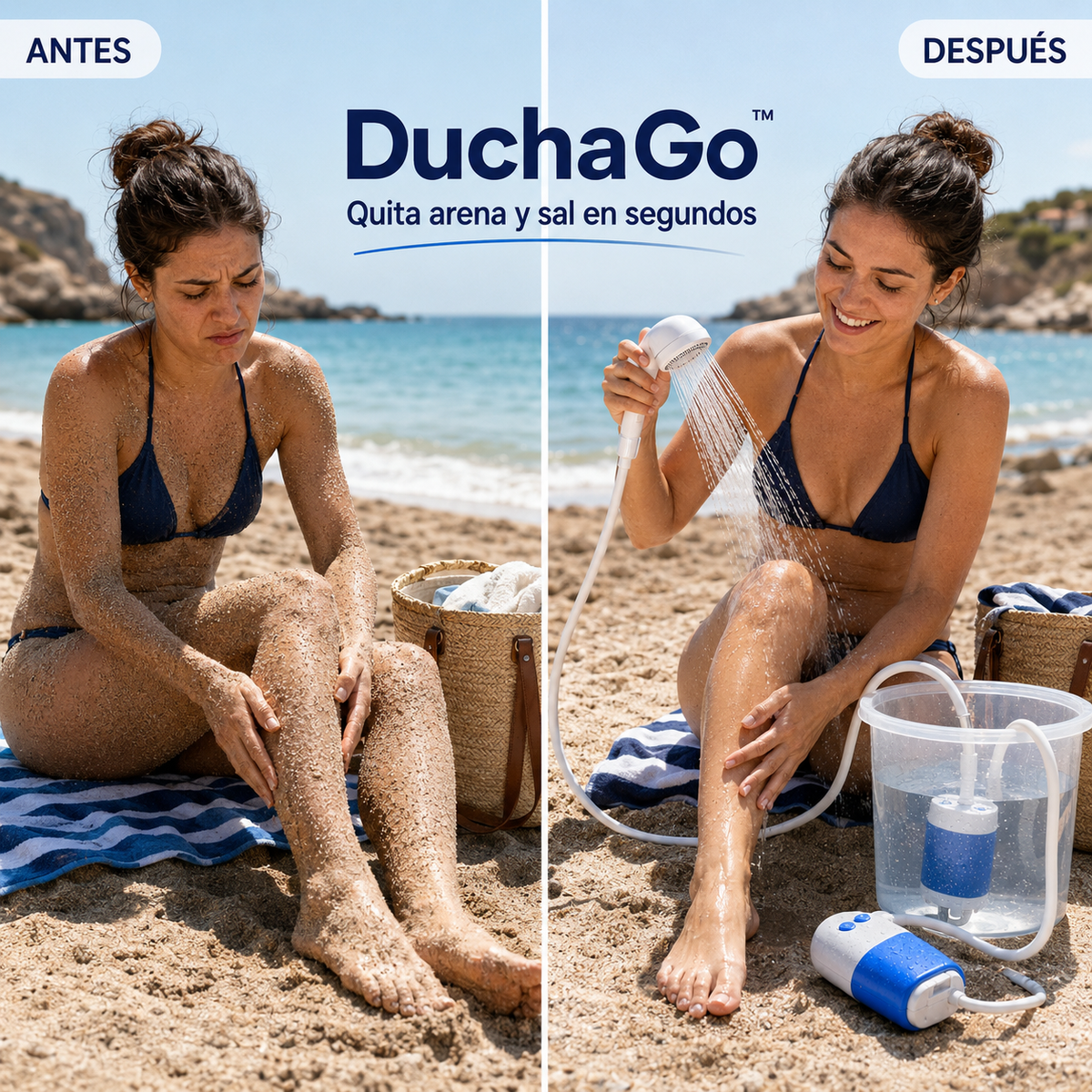 Dos mujeres en la playa usando la ducha portátil premium DuchaGo