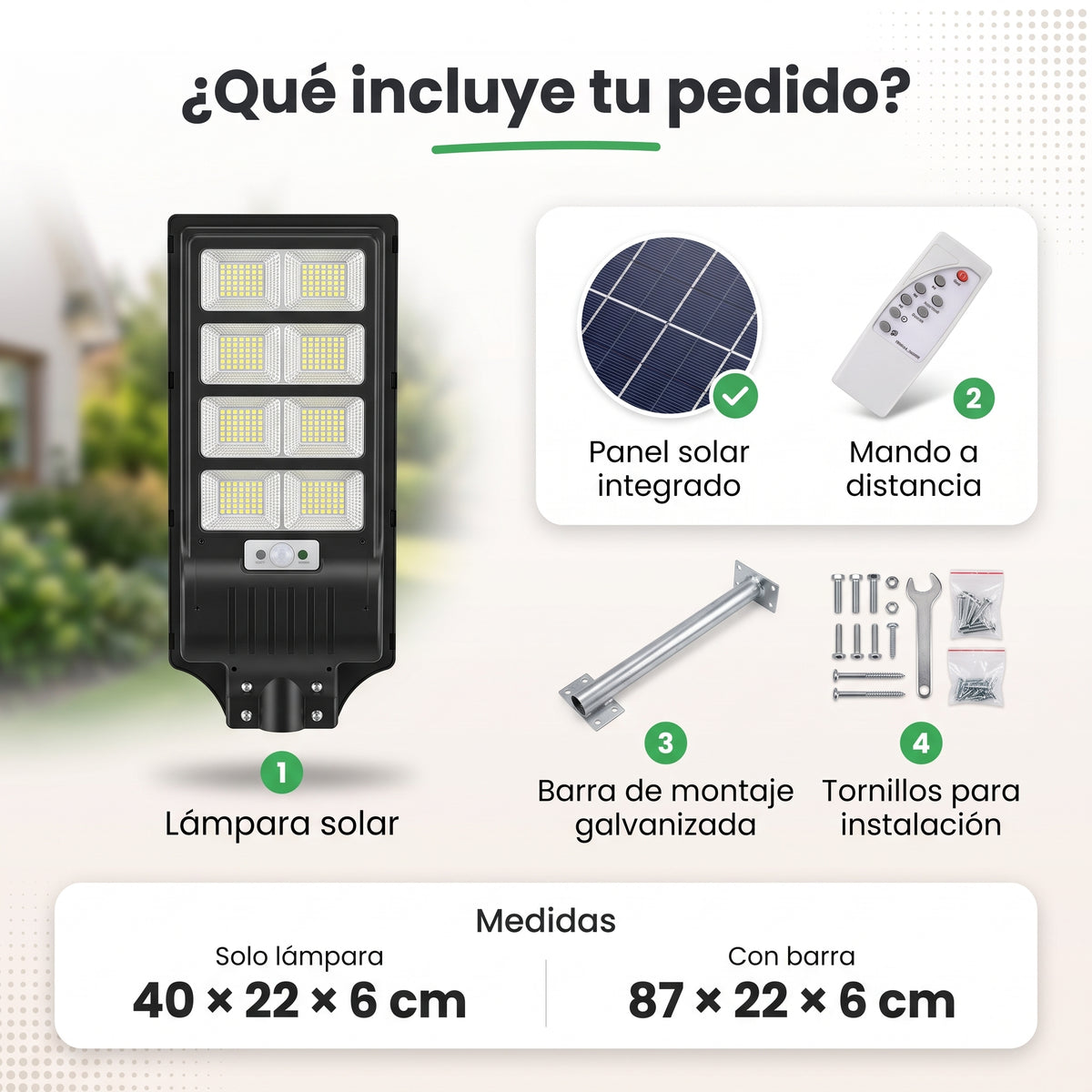 Farola solar LED SolarGuard, infografía de qué incluye el pedido y medidas del producto