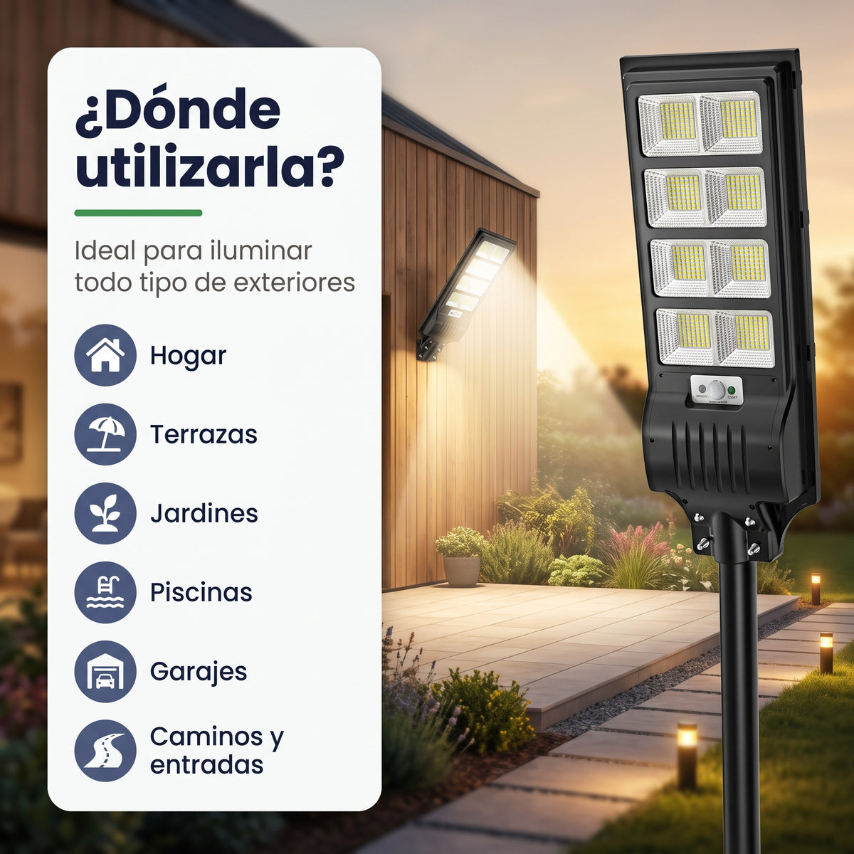 Farola solar LED SolarGuard, infografía de dónde utilizarla con ejemplo en un camino de jardín