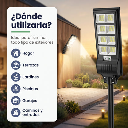 Farola solar LED SolarGuard, infografía de dónde utilizarla con ejemplo en un camino de jardín