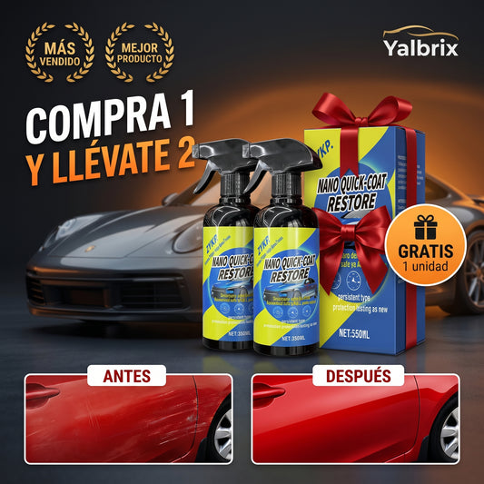 Spray reparador de arañazos superficiales CarNano para coche, compra 1 y llévate 2, con coche deportivo de fondo y foto antes y después