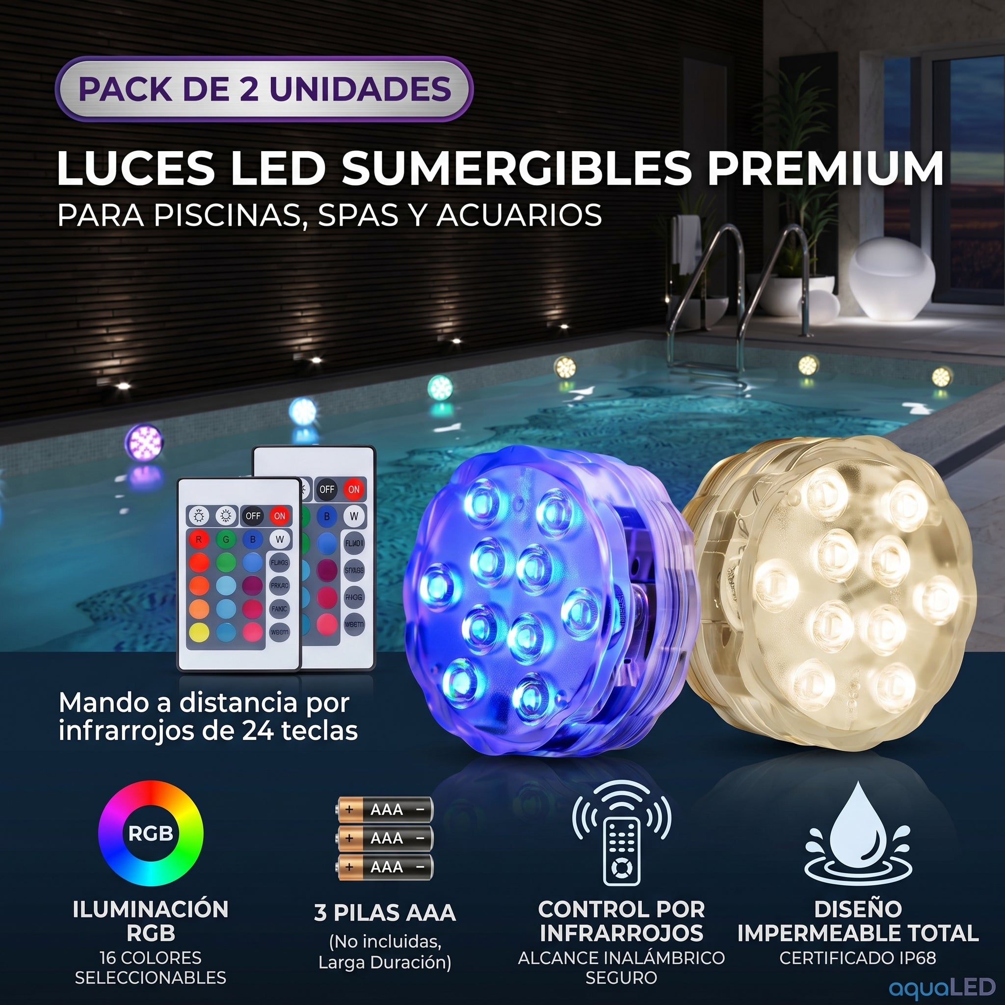 Pack de 2 luces LED sumergibles multicolor AquaGlow para piscinas, spas y acuarios, con mando a distancia