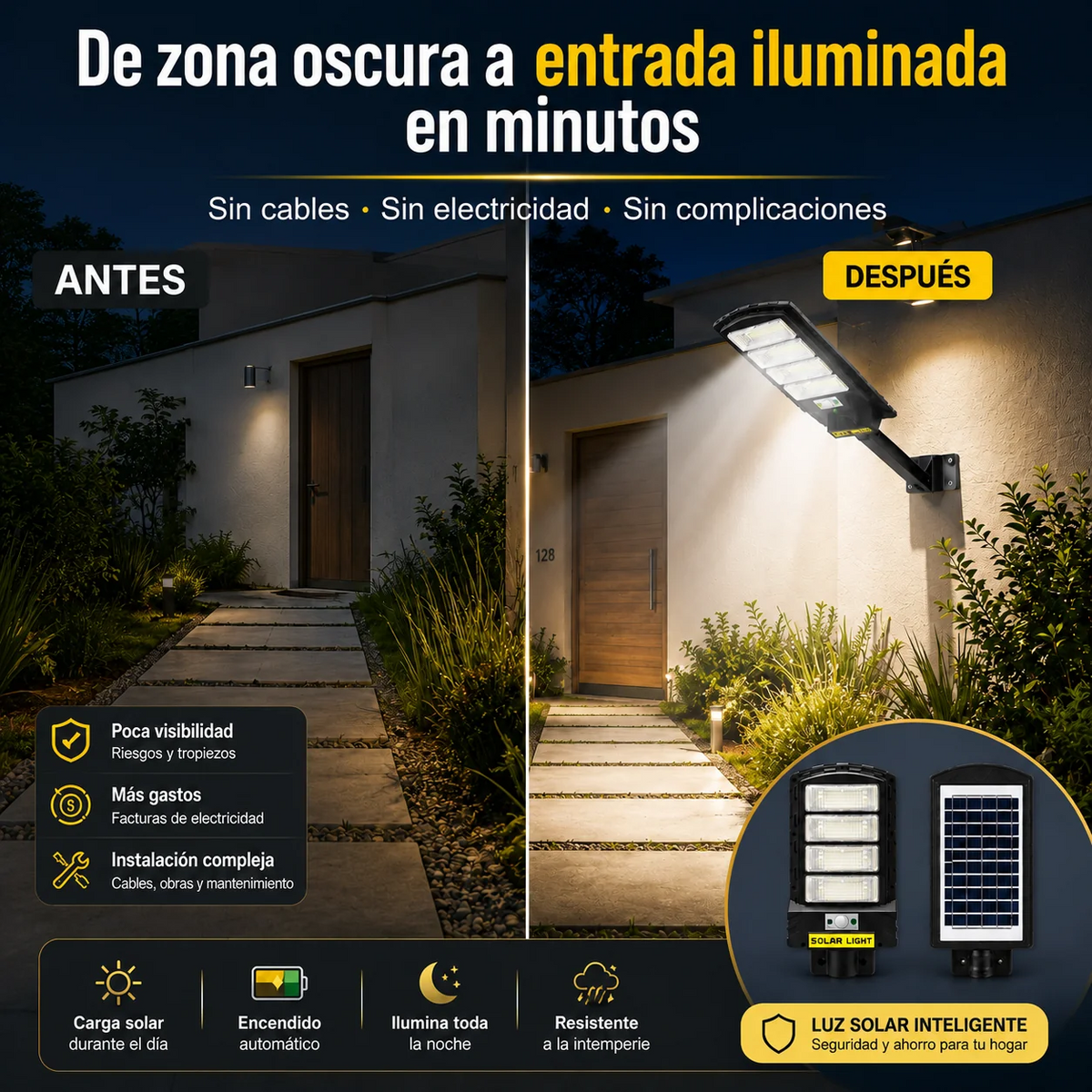 Farola solar LED SolarGuard, foto antes y después de una entrada oscura ahora iluminada