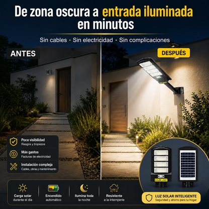 Farola solar LED SolarGuard, foto antes y después de una entrada oscura ahora iluminada