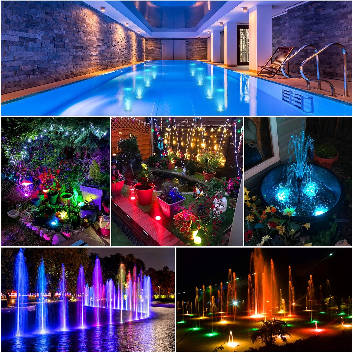 Luces LED sumergibles AquaGlow iluminando una piscina de noche en varios colores