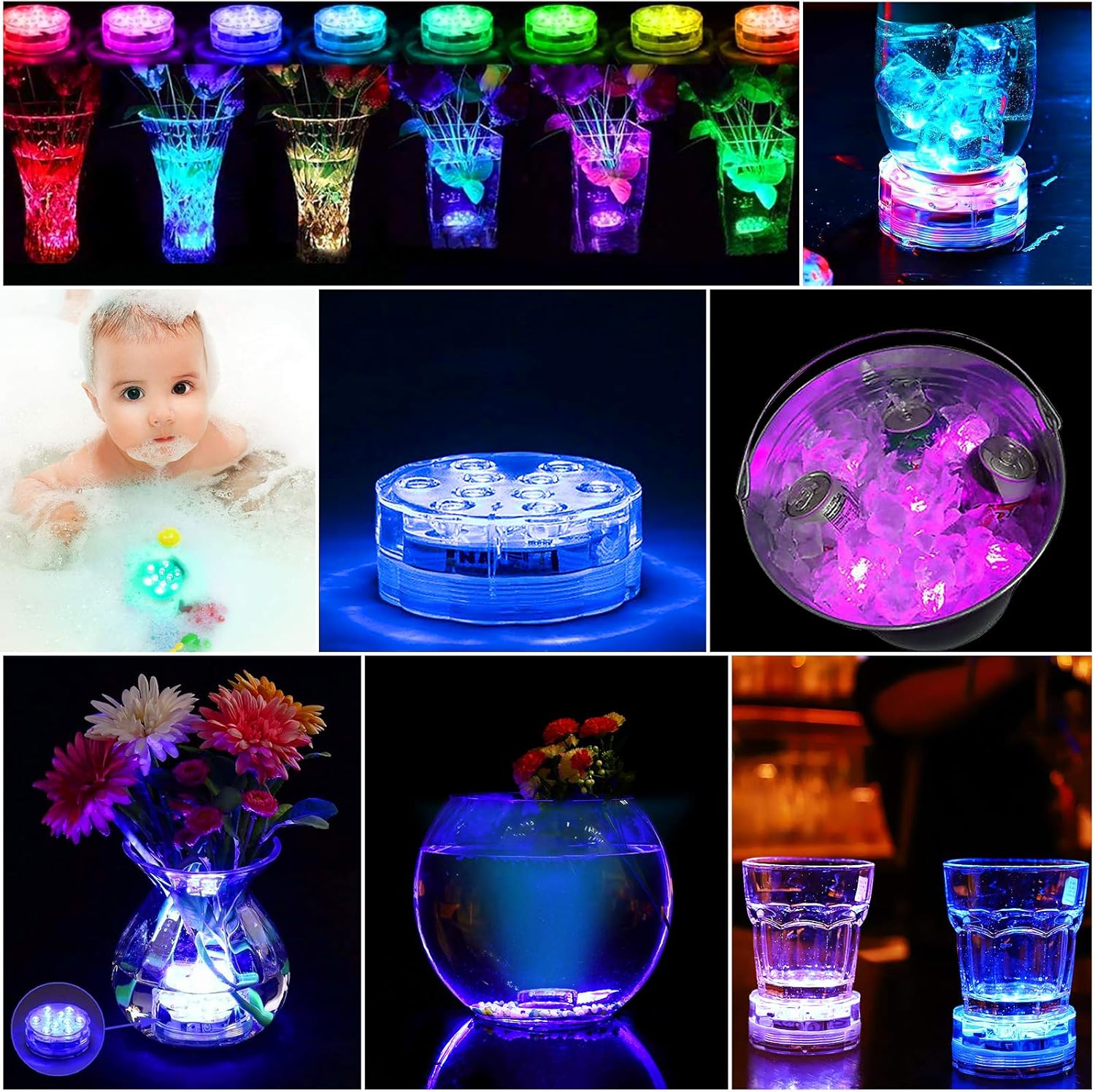 Collage de usos de las luces LED sumergibles AquaGlow en copas, piscina y en la mano
