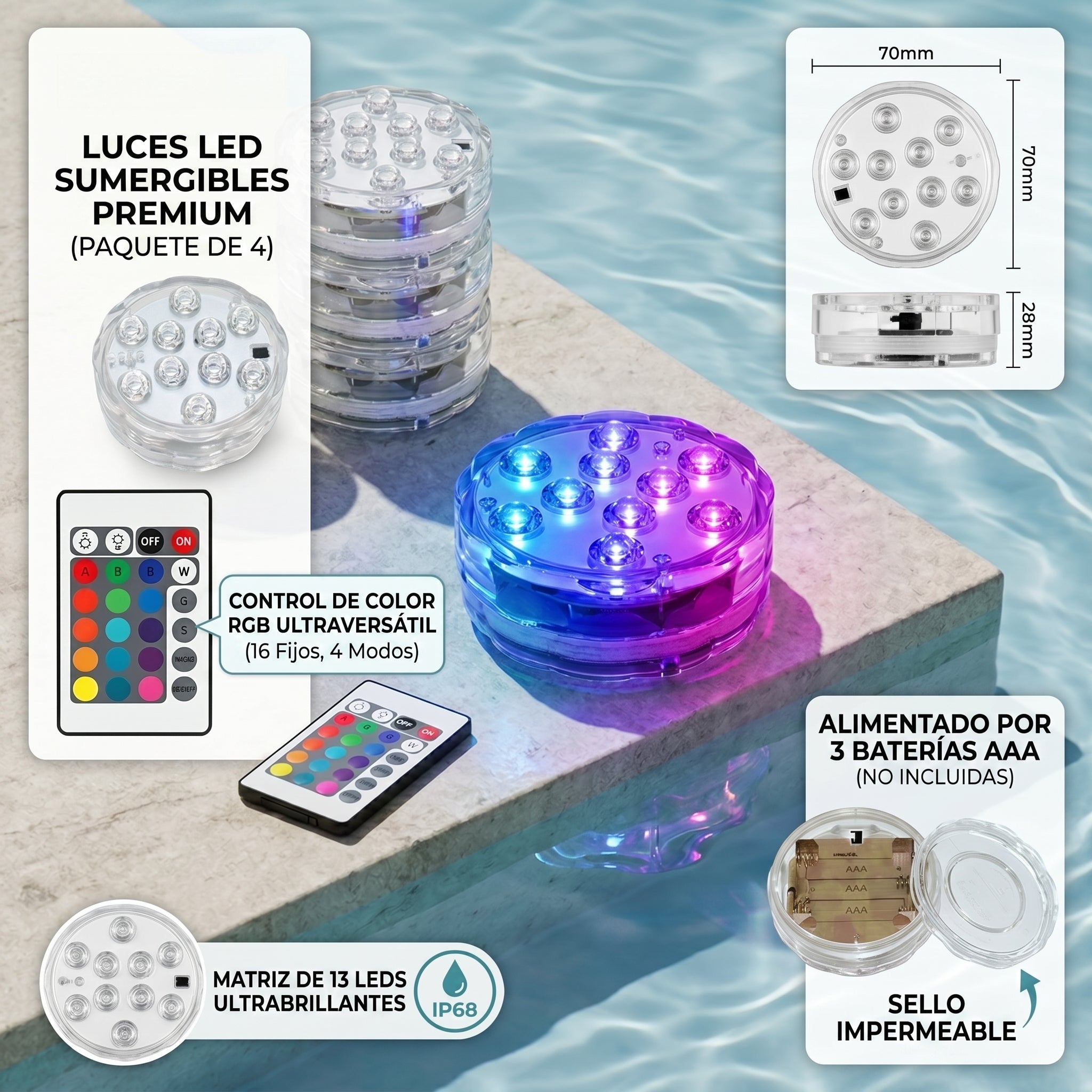 Mando a distancia y luz LED sumergible AquaGlow sobre el borde de una piscina